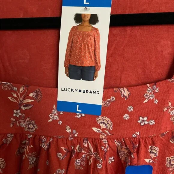 Women's Square Neck Top Lucky, L & XL, Baked Apple Multi, NWT - Picture 3 of 5